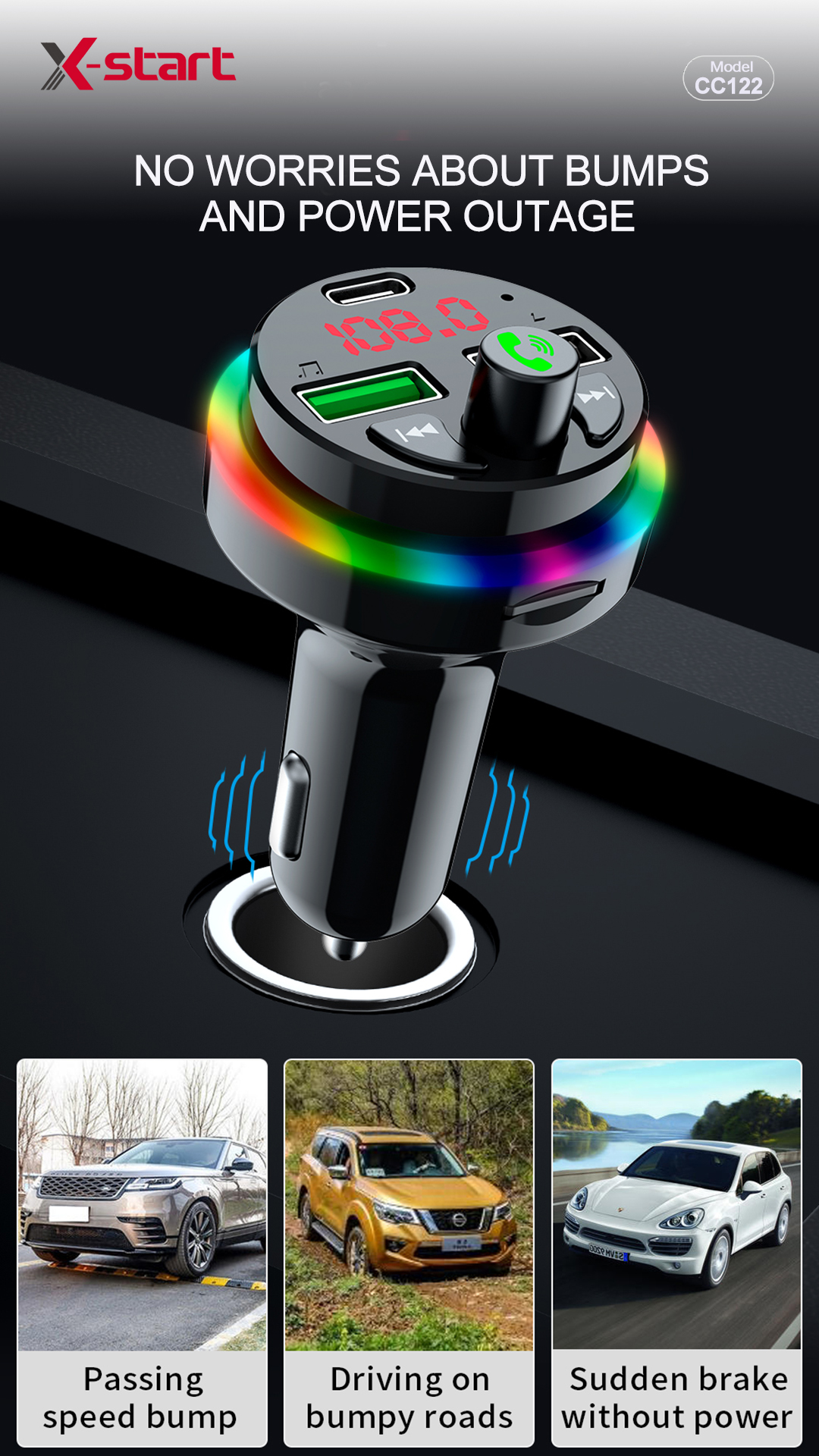 CC122-1 X-start CC122 Black Car Bluetooth MP3 Player (PC+ABS) with dual USB ports and dual outputs - Image 4