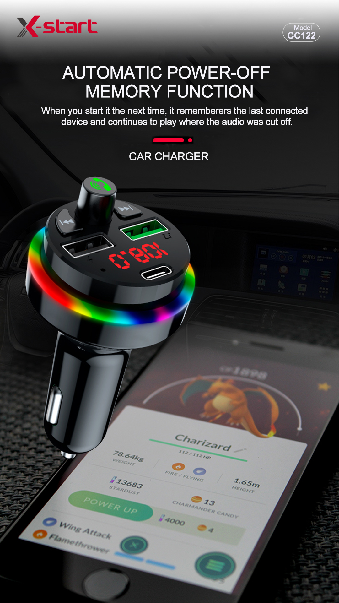 CC122-2 X-start CC122 Black Car Bluetooth MP3 Player (PC+ABS) with dual USB ports and dual outputs - Image 5