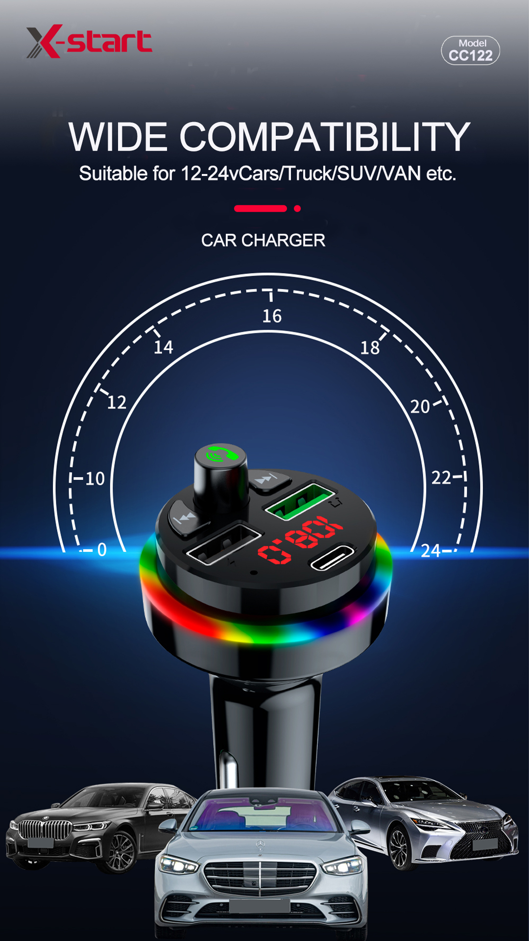 CC122-3 X-start CC122 Black Car Bluetooth MP3 Player (PC+ABS) with dual USB ports and dual outputs - Image 6