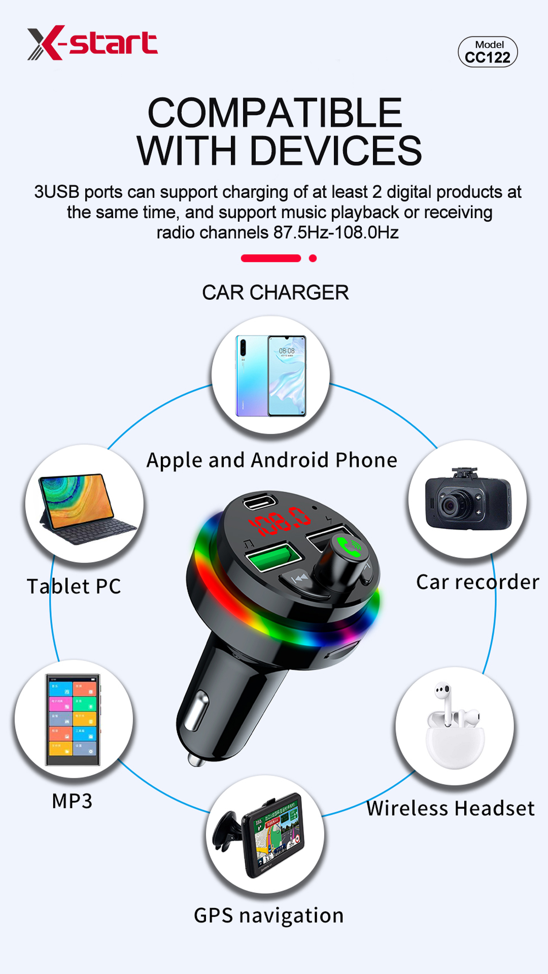 CC122-4 X-start CC122 Black Car Bluetooth MP3 Player (PC+ABS) with dual USB ports and dual outputs - Image 7